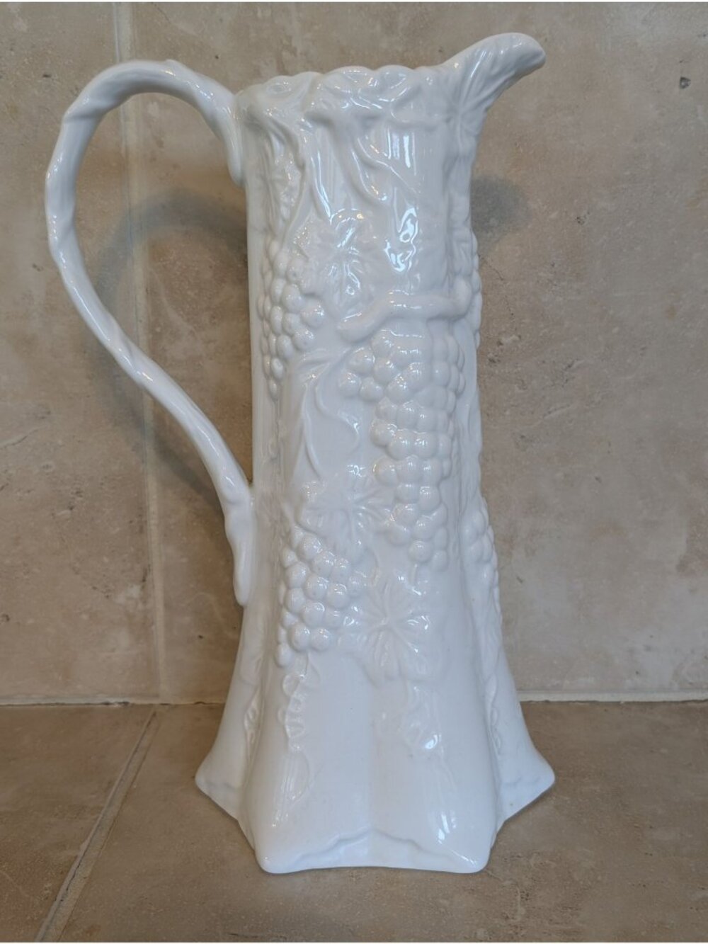 Tall White Porcelain Pitcher Embossed Grapevine Pattern MCM Elegant Entertaining